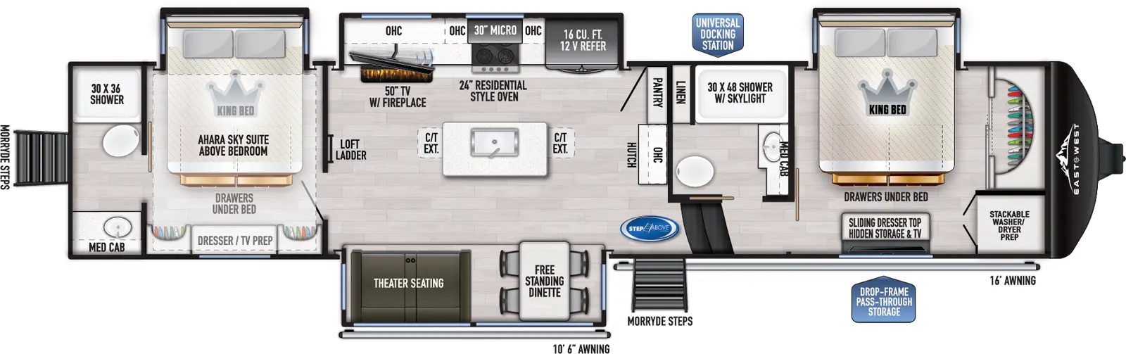 The 390DS has four slideouts and two entries. Exterior features drop-frame pass through storage, universal docking station, MORryde steps, and 10 foot 6 inch awning and 16 foot awning. Interior layout front to back: front bedroom closet and stackable washer/dryer prep, off-door side king bed slideout with drawers under bed, and door side dresser with hidden storage and TV; off-door side full bathroom with medicine cabinet, linen closet, and shower with skylight; two steps down to main living area and entry; overhead cabinet, hutch and pantry along inner wall; off-door side slideout with 12V refrigerator, overhead cabinet, residential-style oven, microwave, and TV with fireplace; kitchen island with sink, and countertop extensions; door side slideout with free-standing dinette and theater seating; loft ladder to Ahara Sky Suite above rear bedroom; rear bedroom with off-door side king bed slideout with drawers under bed, and door side dresser with TV prep; rear full bathroom with medicine cabinet, and rear entry door. 